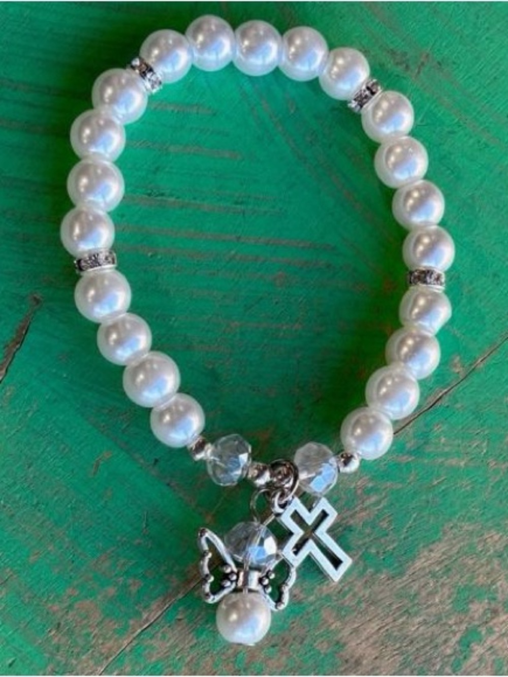 BRAND NEW WITH TAGS Pearl Angel & Cross Stretch Bracelet